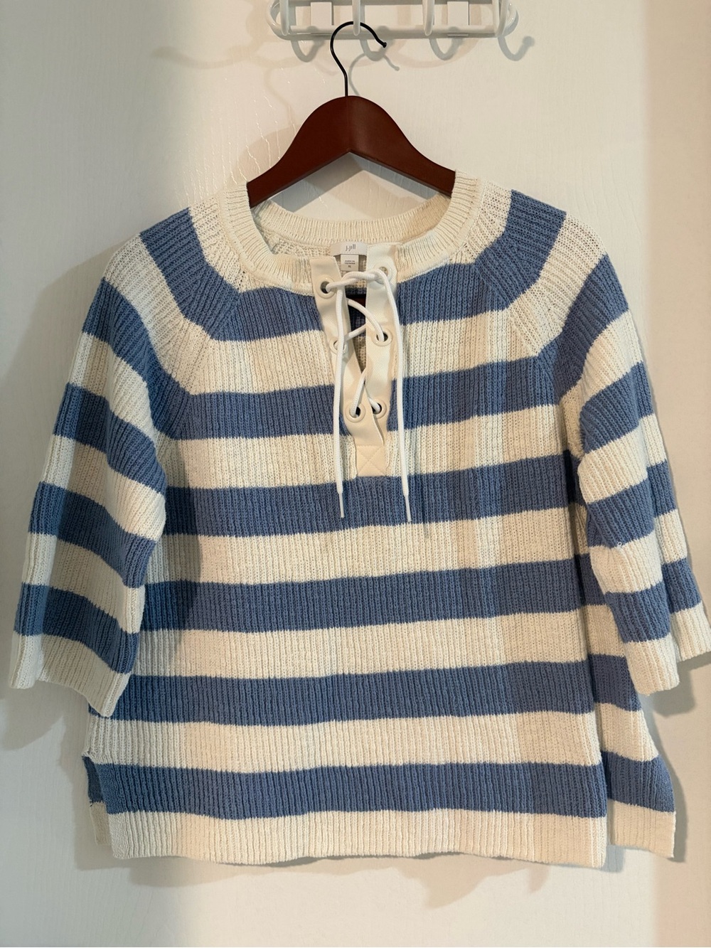J. Jill Blue and Cream Striped Lace-Up Knit Sweater